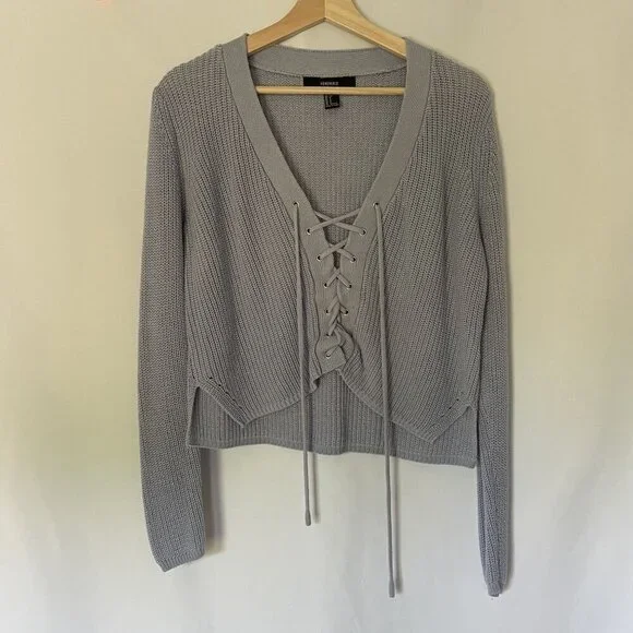Forever 21 baby blue knit sweater v-neck style lace up front women's size small - Picture 1 of 9